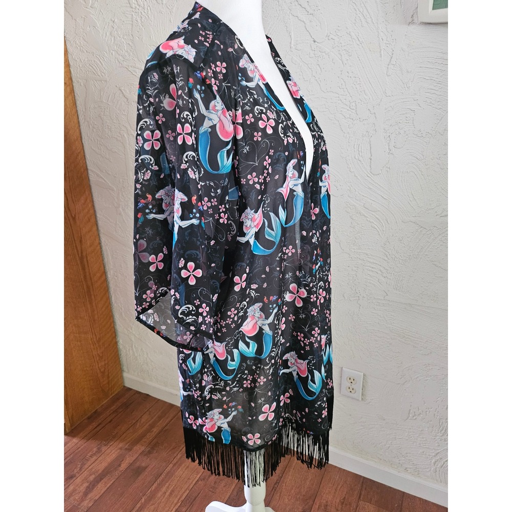 Disney Kimono Cardigan Women Large Black Ariel Mermaid Fringe Wrap